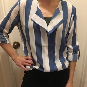 Vertical striped blue & white long-sleeved blouse